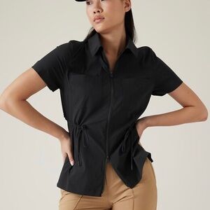 Athleta Navy Short Sleeve Zip-Up Top